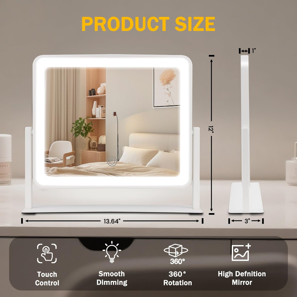 Bearolve Vanity Mirror side view showcasing 360° rotation