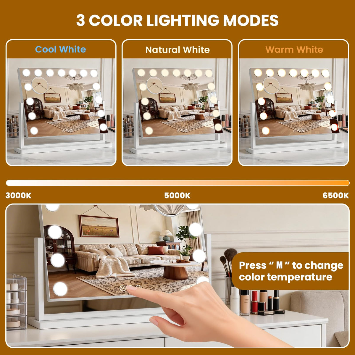 Bearolve Vanity Mirror side view showcasing 360° rotation