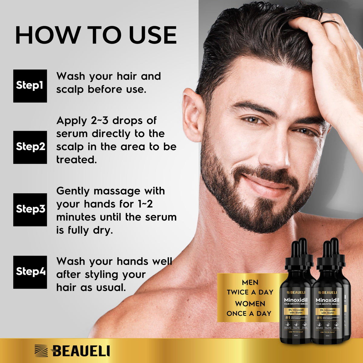 beaueli 5% Minoxidil Hair Growth Serum lifestyle use