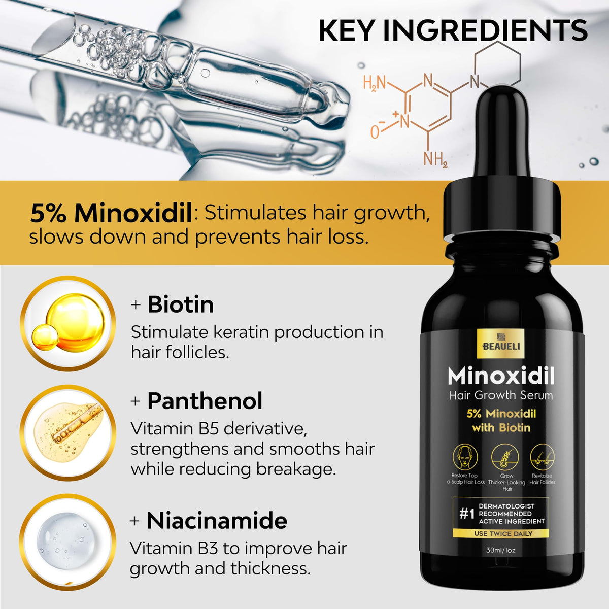 beaueli Hair Growth Serum 5% Minoxidil 1oz application pump