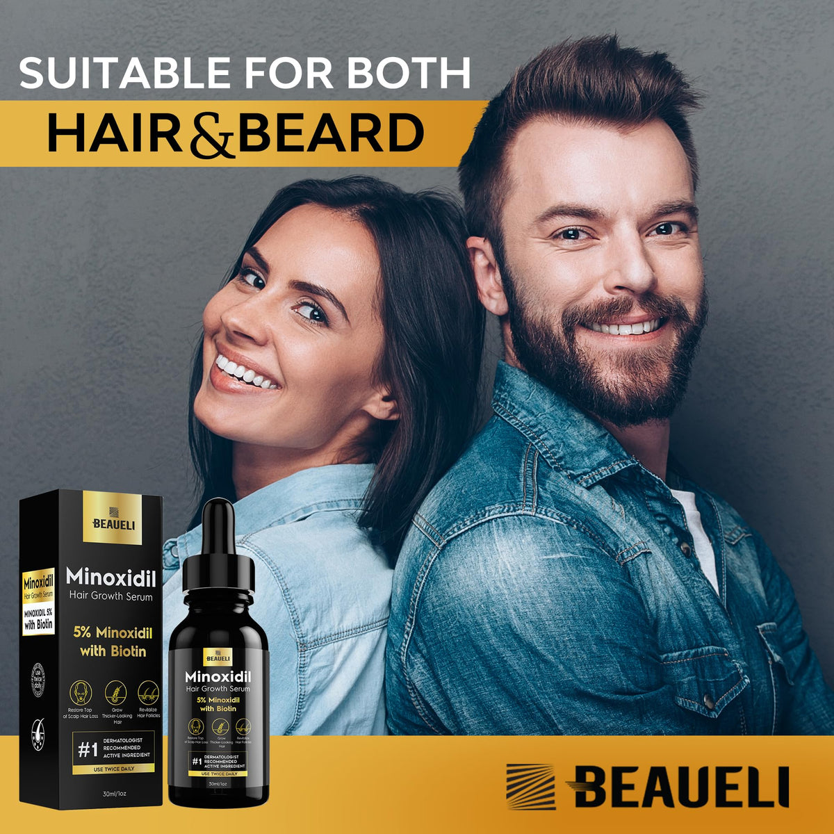 beaueli Hair Growth Serum 5% Minoxidil 1oz with Biotin