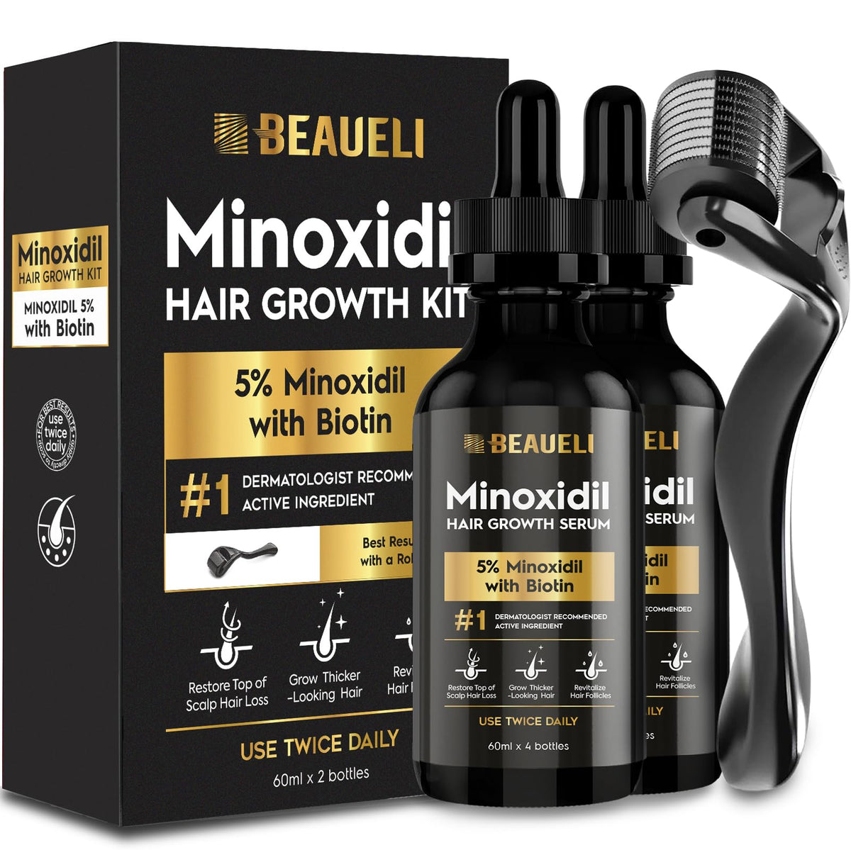beaueli Minoxidil Beard Growth Kit 5% two bottles front view