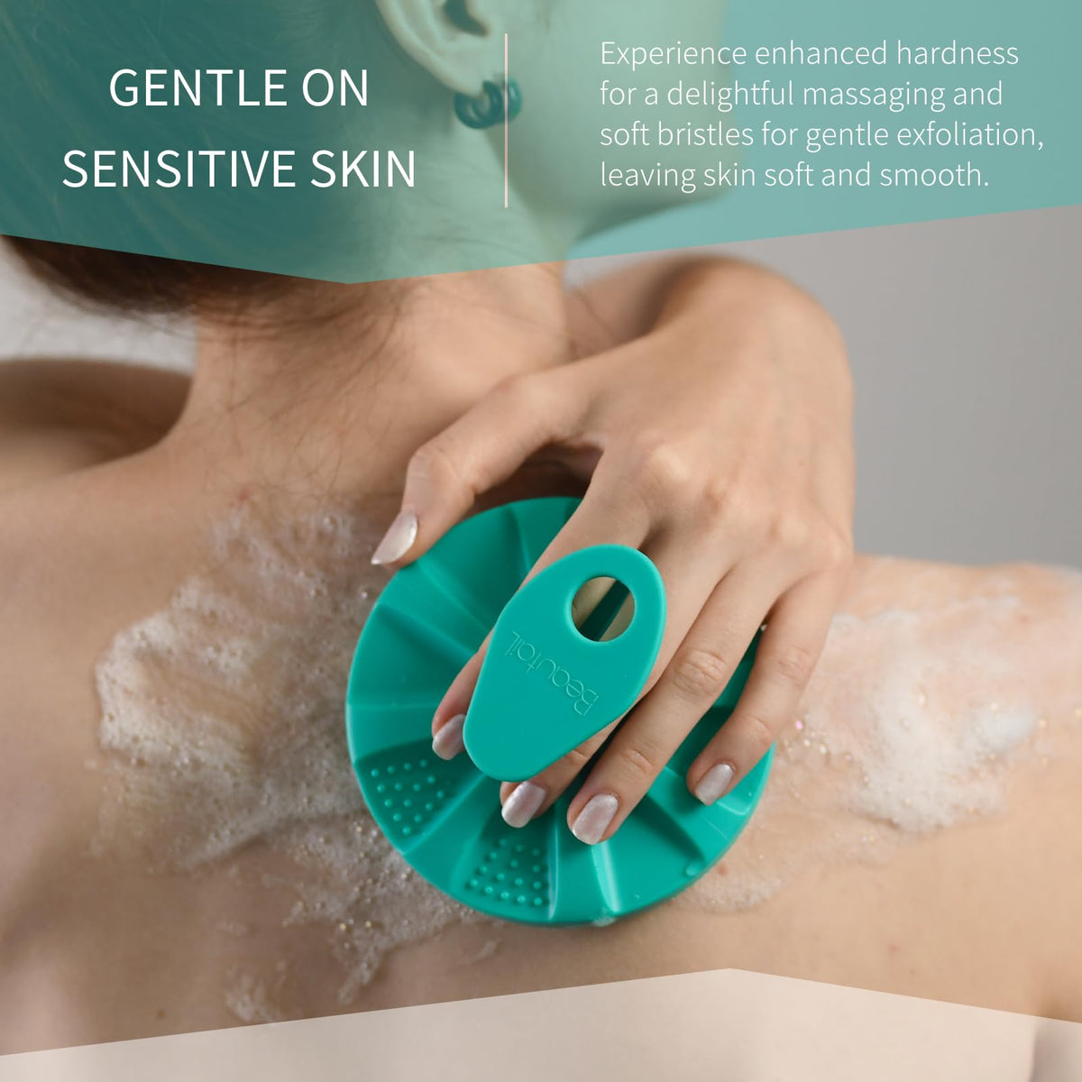 BEAUTAIL Silicone Body Scrubber in hand for easy grip