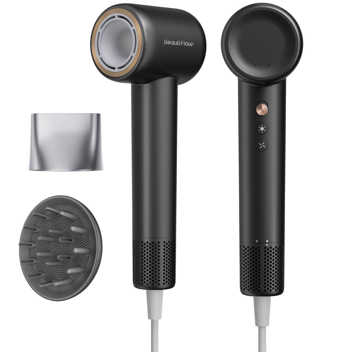 BeautiFlow Hair Dryer front view with diffuser attached