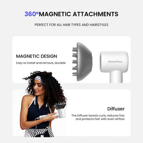 BeautiFlow Hair Dryer with diffuser and nozzle attachments