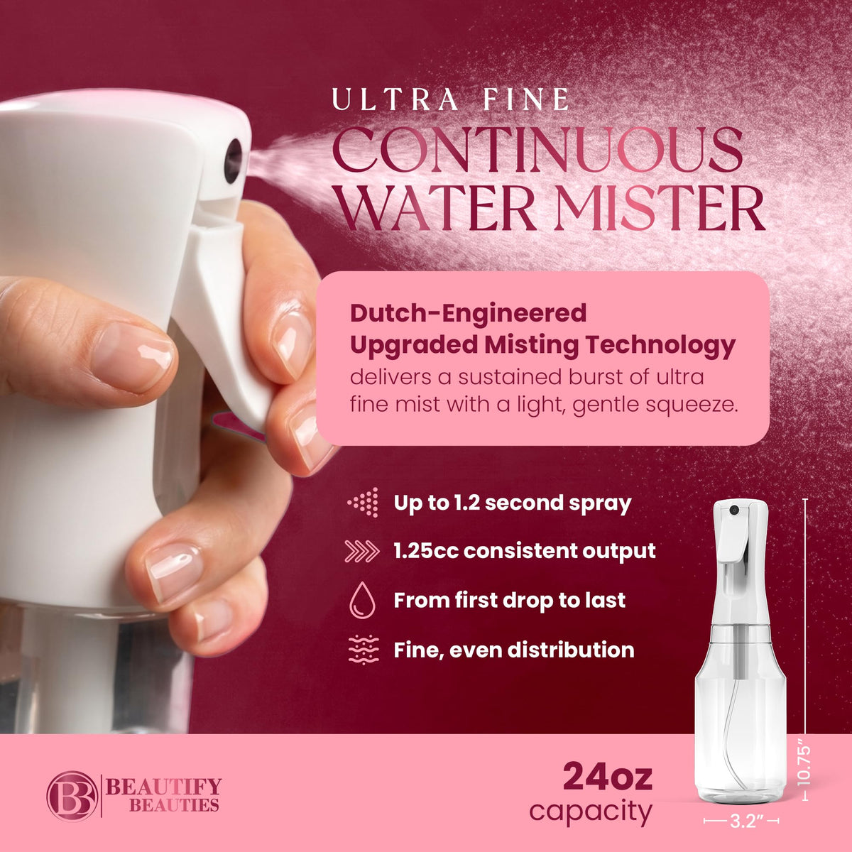 BeautifyBeauties Continuous Spray Bottle side view with mist