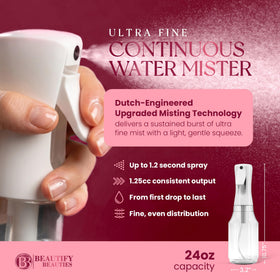 BeautifyBeauties Continuous Spray Bottle side view with mist