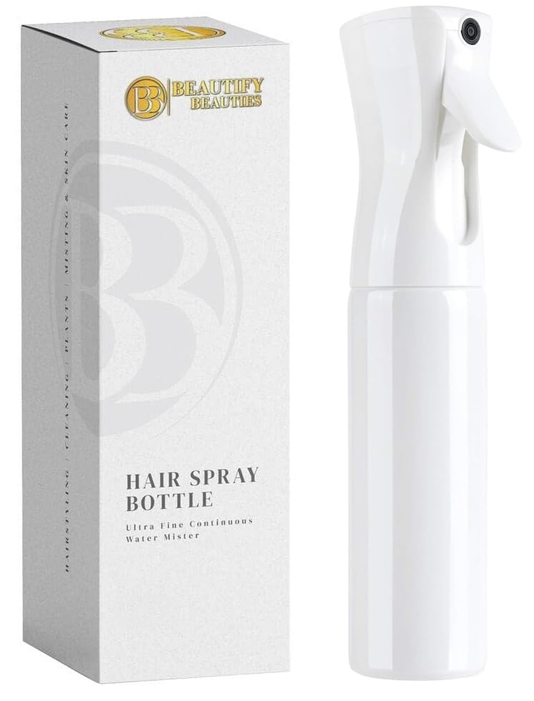 BeautifyBeauties Hair Spray Bottle front view, white, 6.8 ounces
