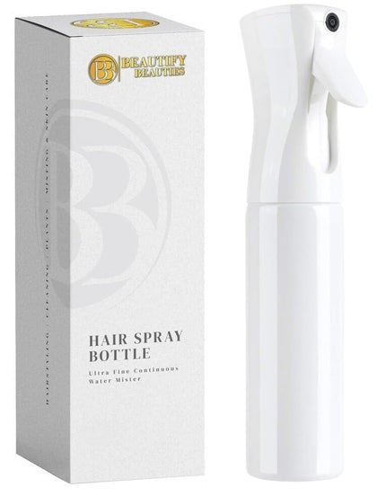 BeautifyBeauties Hair Spray Bottle front view, white, 6.8 ounces