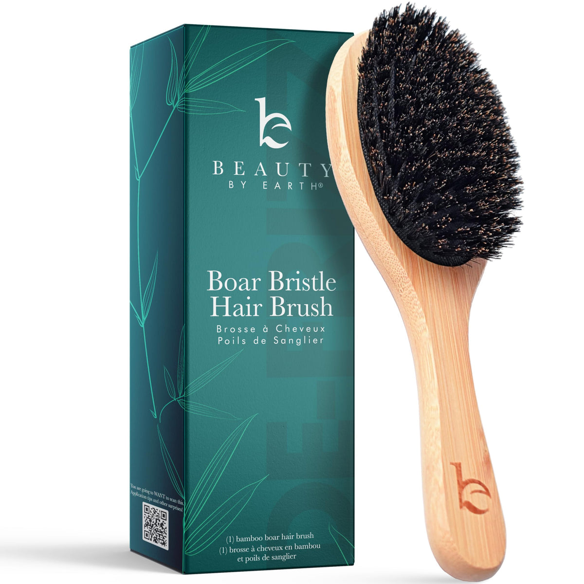 Beauty by Earth Boar Bristle Hair Brush front view with bamboo handle