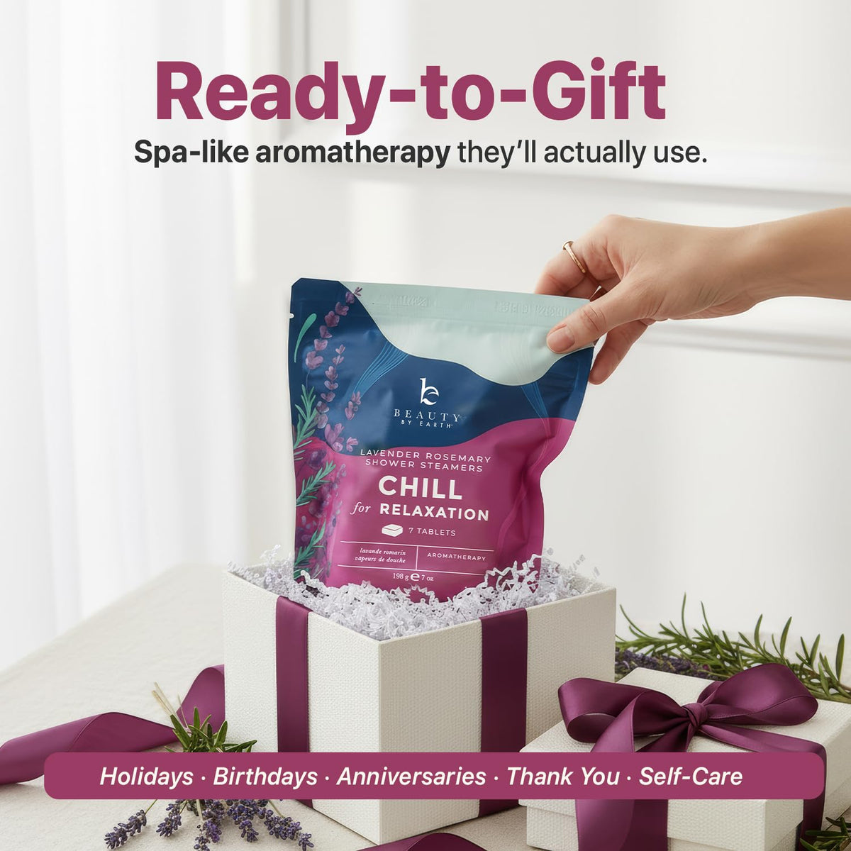 Beauty by Earth Lavender Shower Steamers displayed on a bathroom shelf