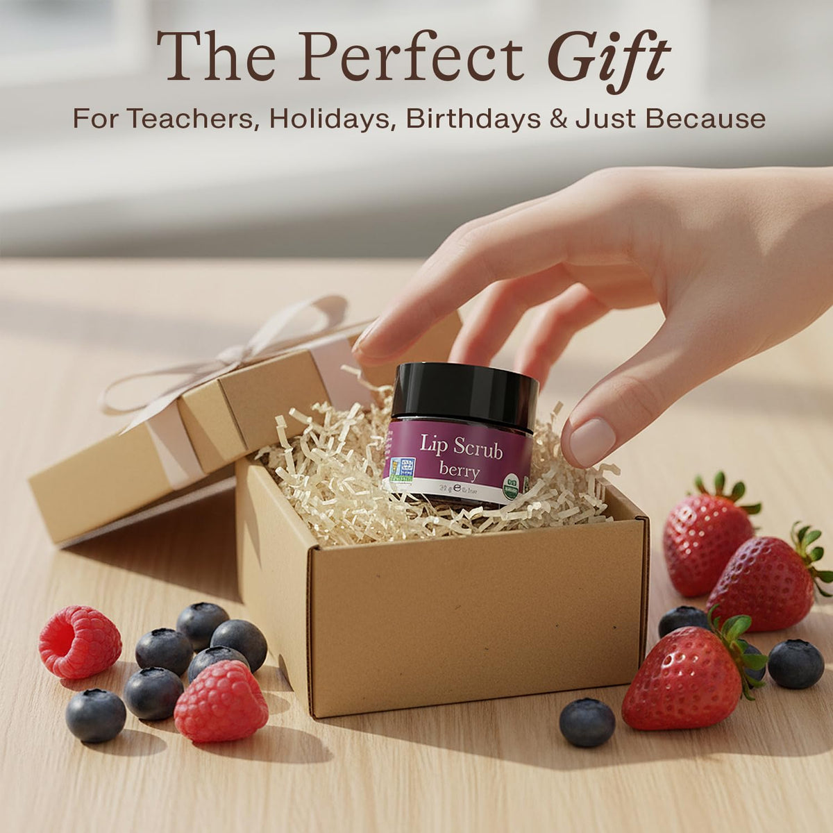 Beauty by Earth Organic Lip Scrub Berry opened with applicator