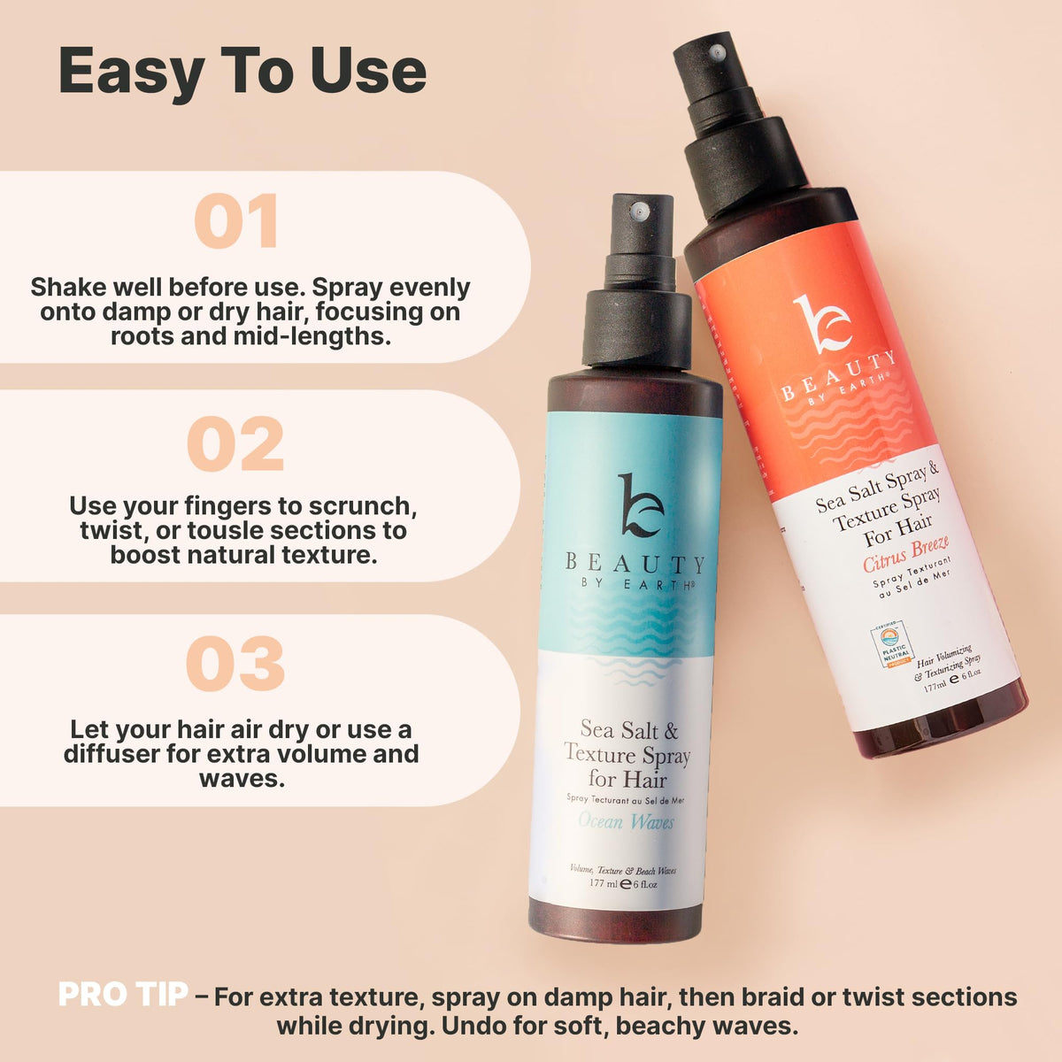 Beauty by Earth Sea Salt Spray 220g with beach background