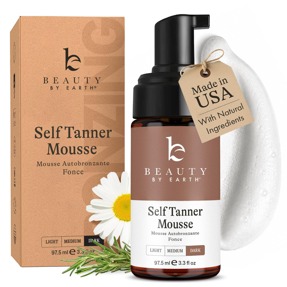 Beauty by Earth Self Tanner Mousse front view with packaging