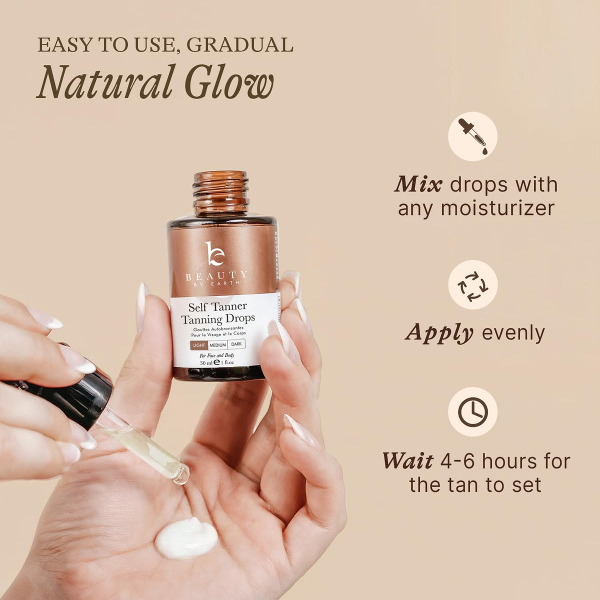 Beauty by Earth Self Tanning Drops lifestyle scene with glowing skin