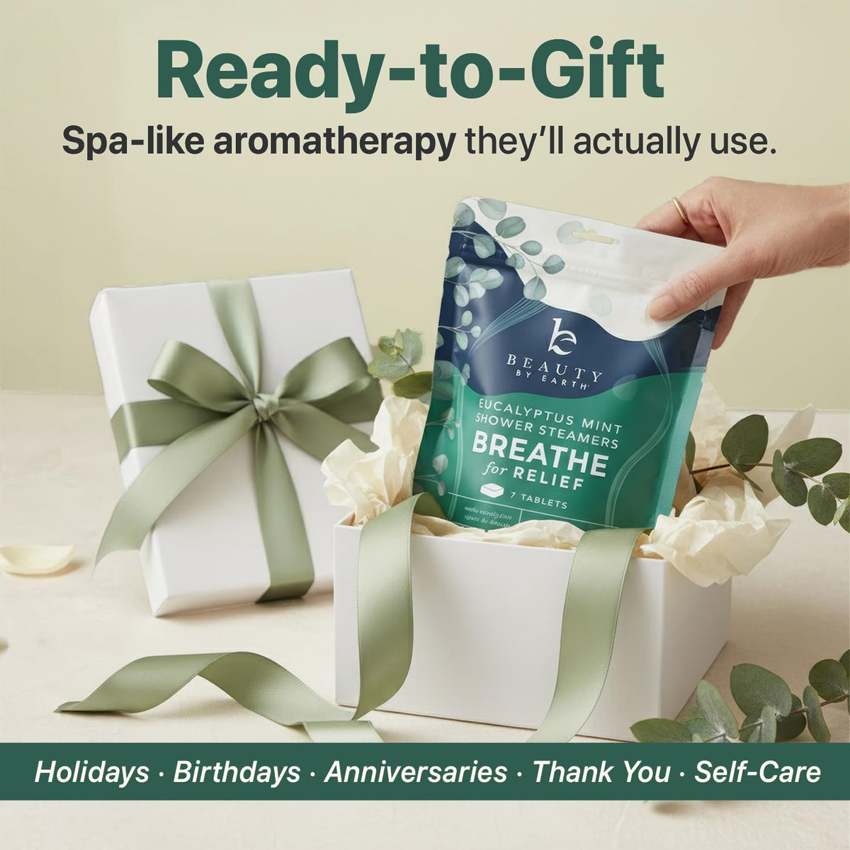 Beauty by Earth Shower Steamers displayed with eucalyptus leaves