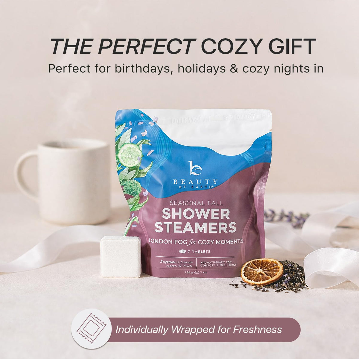 Beauty by Earth shower steamers displayed with holiday decorations
