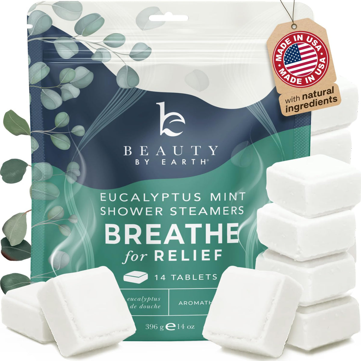 Beauty by Earth Shower Steamers eucalyptus and menthol front view