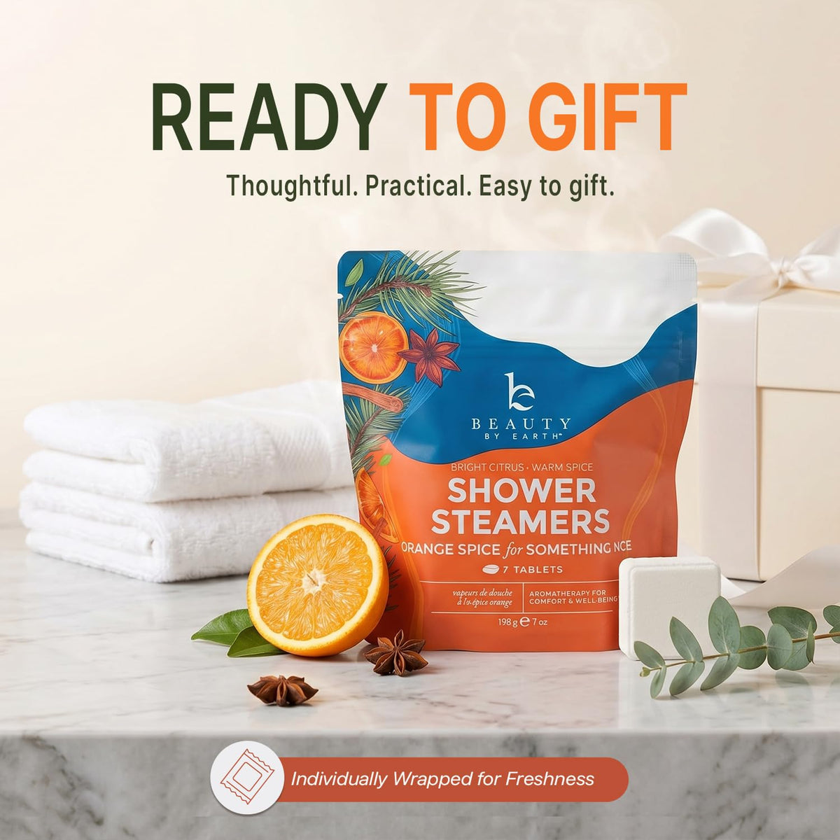 Beauty by Earth Shower Steamers on a bathroom shelf