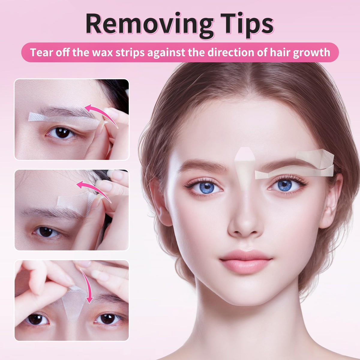 Beauty7 Facial Wax Strips demonstrating eyebrow hair removal