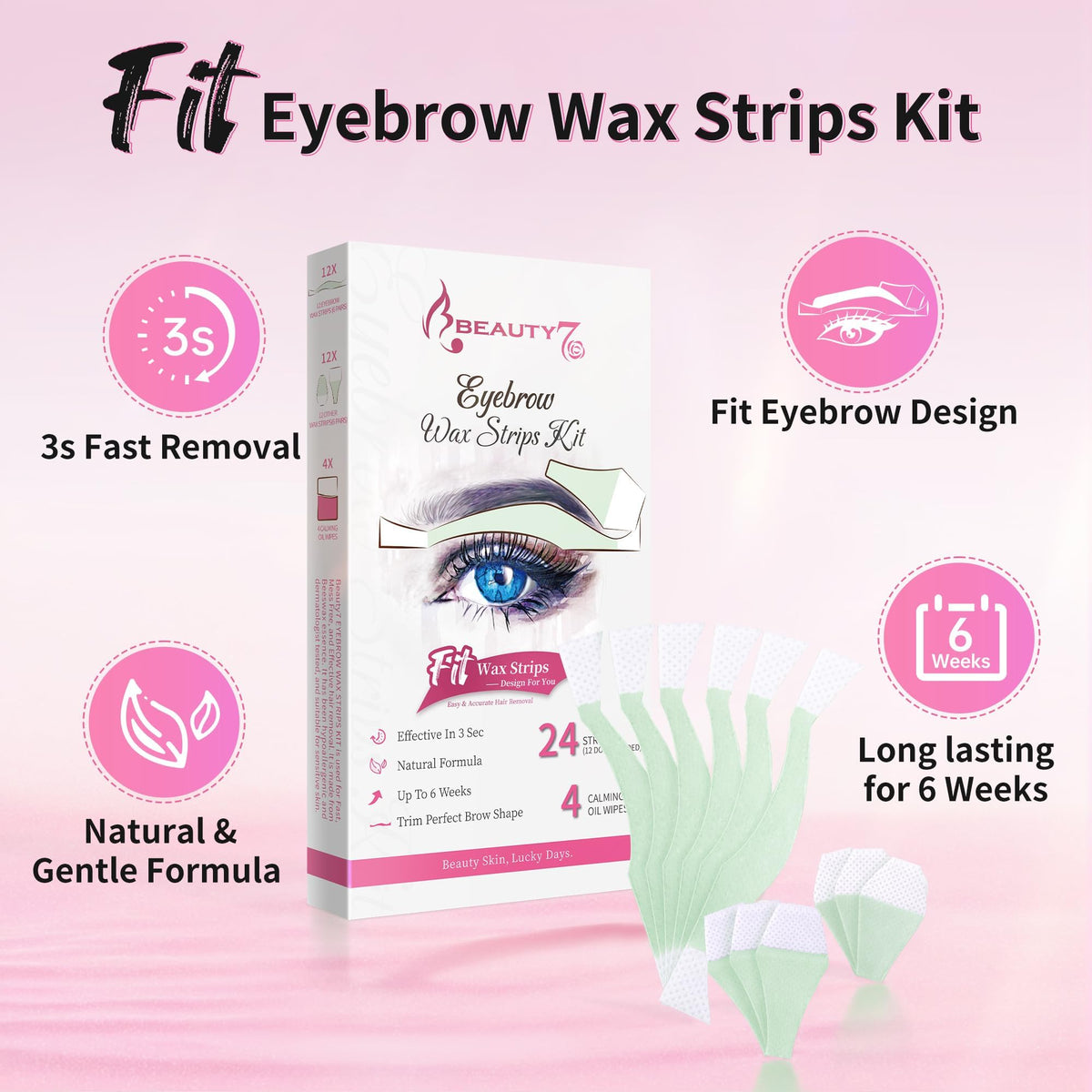 Beauty7 Facial Wax Strips displayed on a bathroom counter