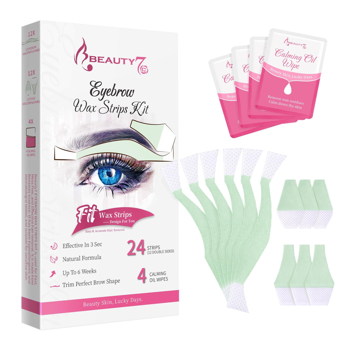Beauty7 Facial Wax Strips package front view with 24 strips
