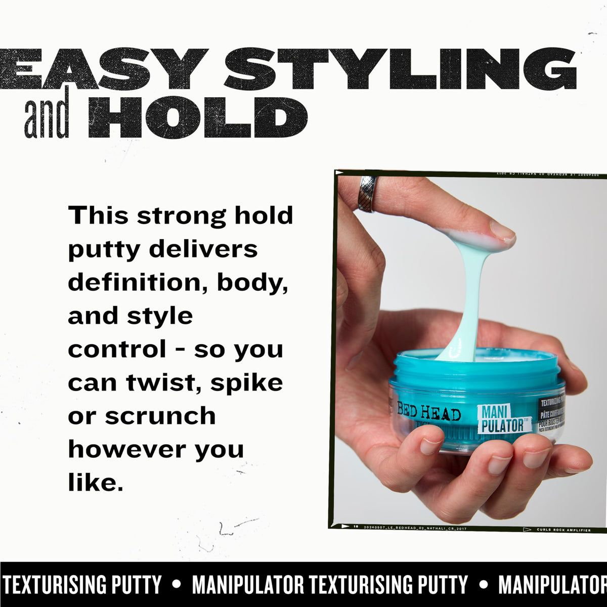 Bed Head Manipulator Texturizing Putty in use on styled hair