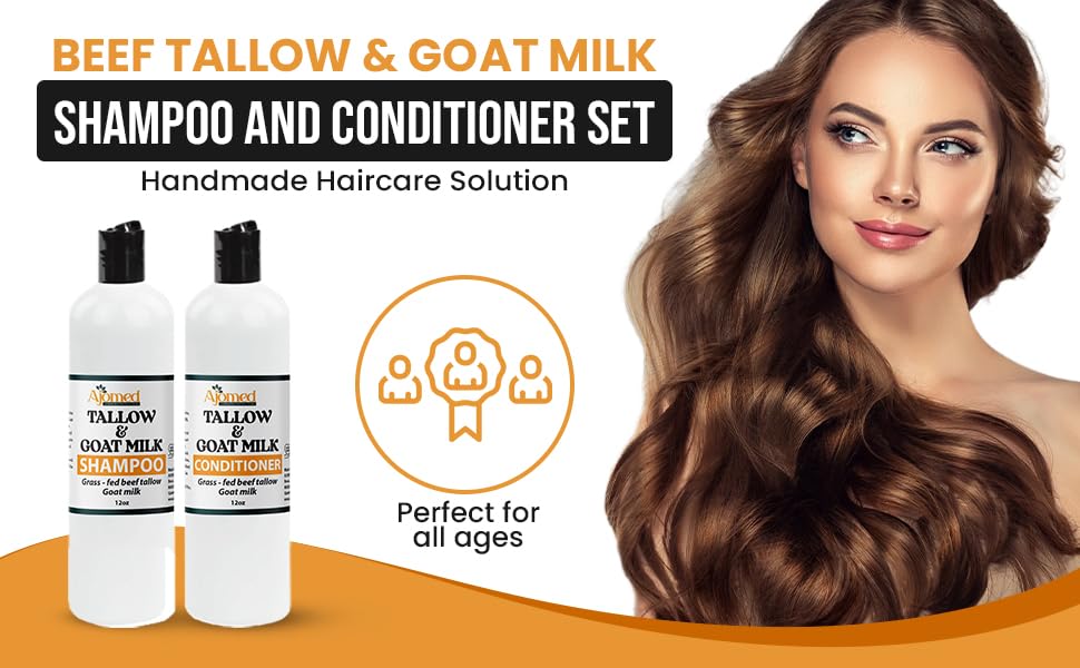 Beef Tallow & Goat Milk Shampoo and Conditioner Set on a bathroom shelf