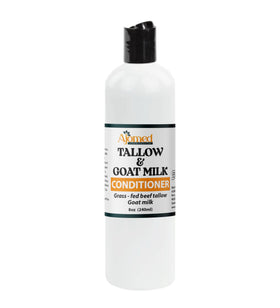 Beef Tallow & Goat Milk Shampoo and Conditioner set on a wooden shelf