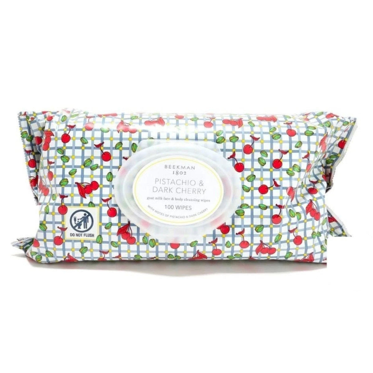 Beekman 1802 Goat Milk Face Wipes packaging front view, Pistachio Dark Cherry scent