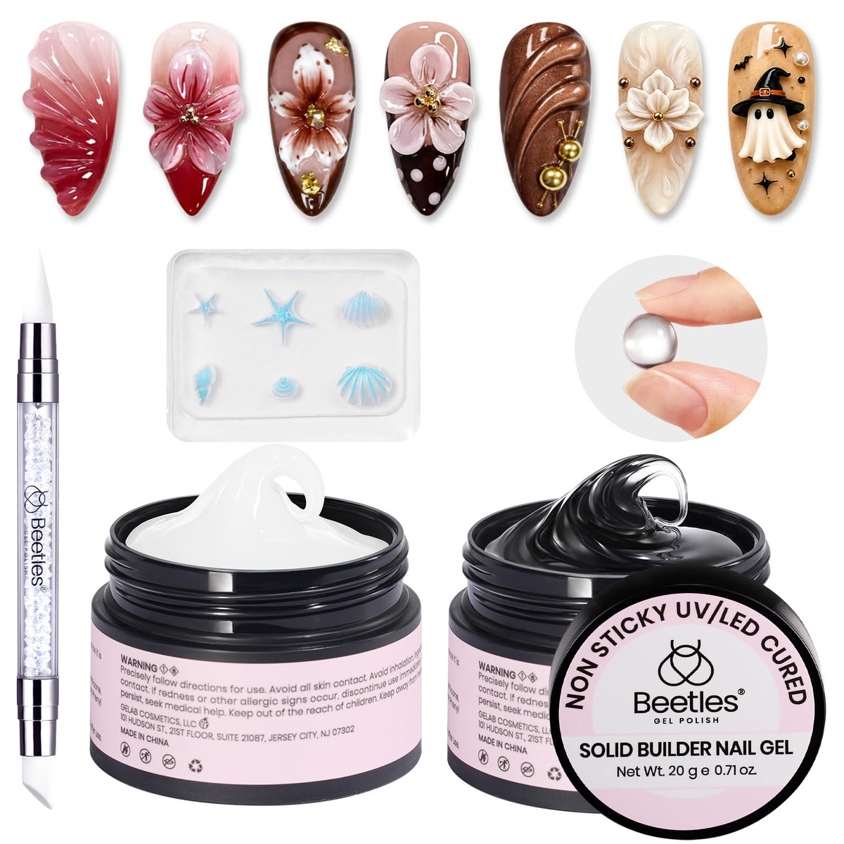beetles 3D Gel Nail Art Kit with clear and white gels front view