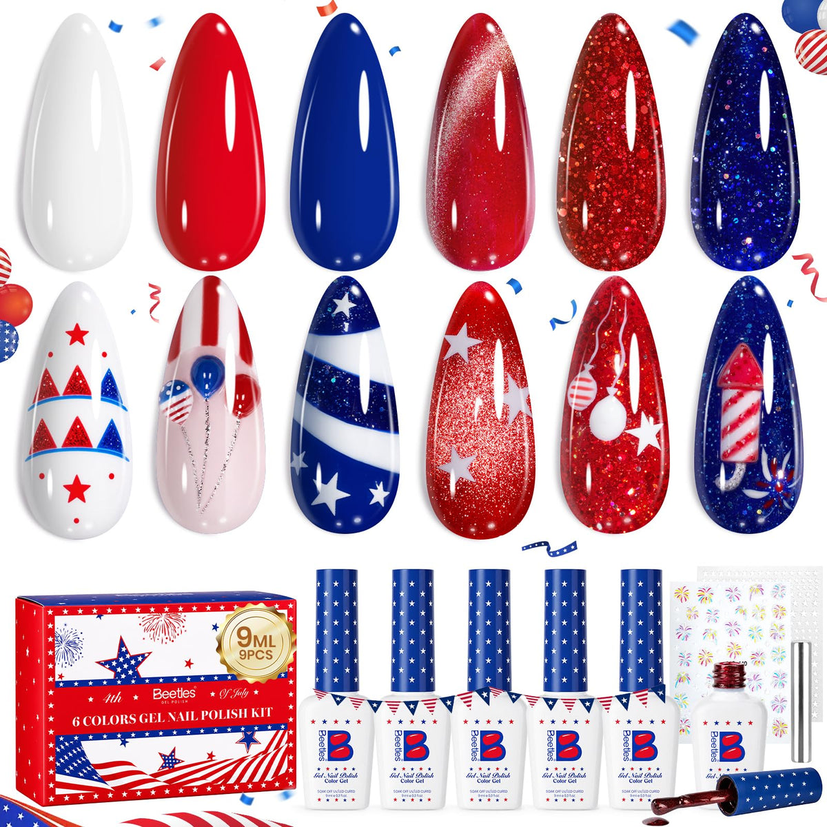 beetles 4th of July Gel Nail Polish Set including red, white, and blue shades