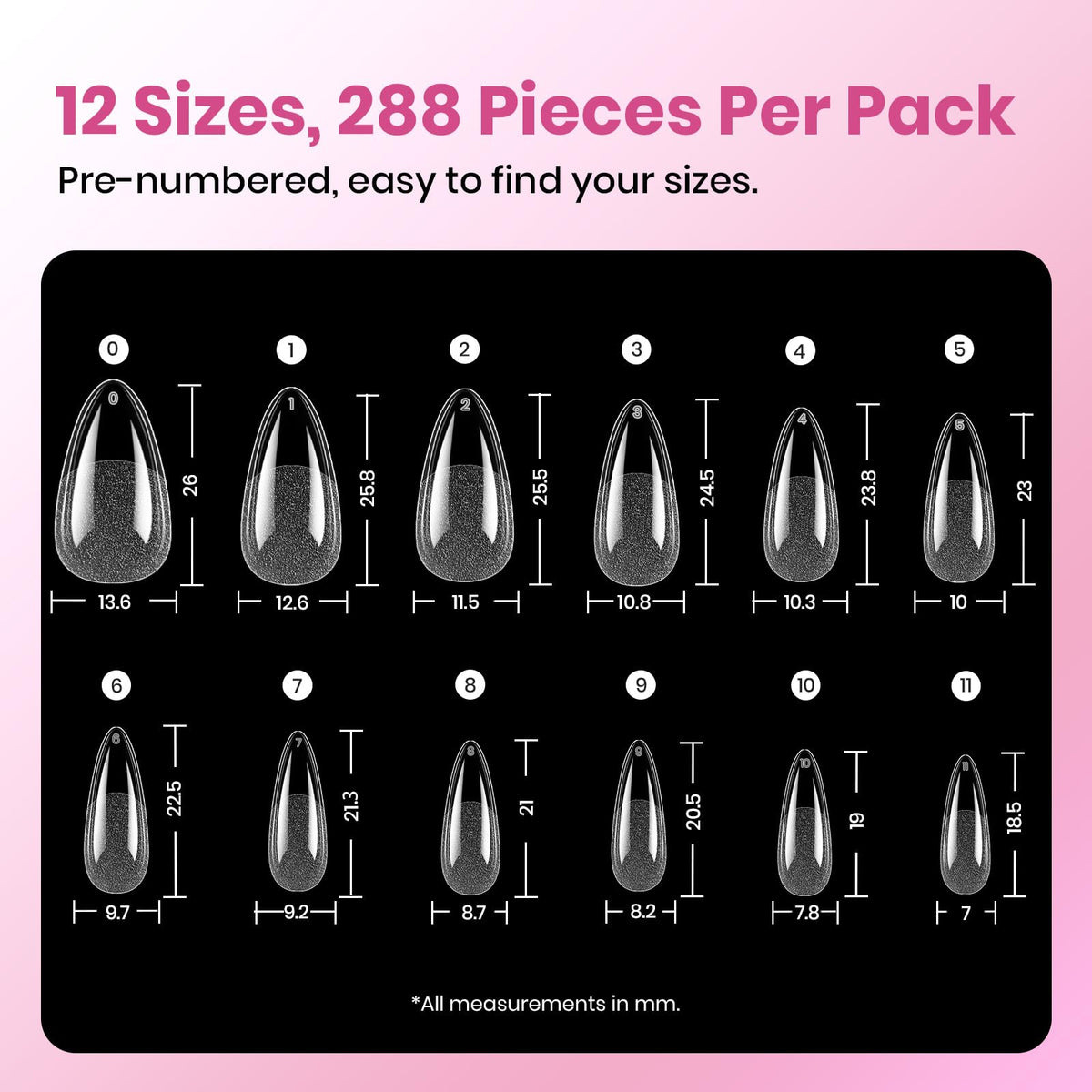beetles almond medium nail tips displayed on a surface
