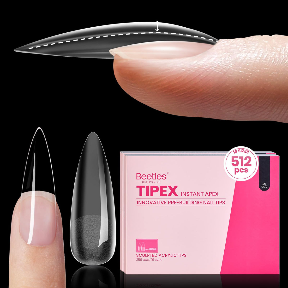 beetles Apex Nail Tips long stiletto front view with packaging