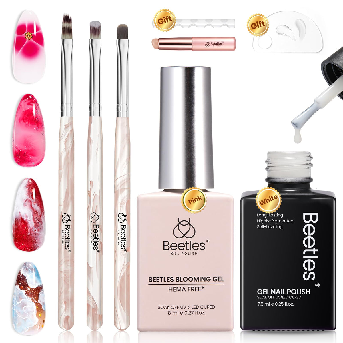 beetles Blooming Gel Nail Art Brush Set with white gel and palette