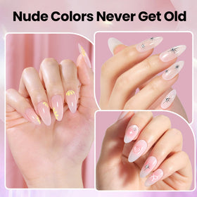 beetles Builder Gel Clear and Milky Pink Gel Polish on a nail art display
