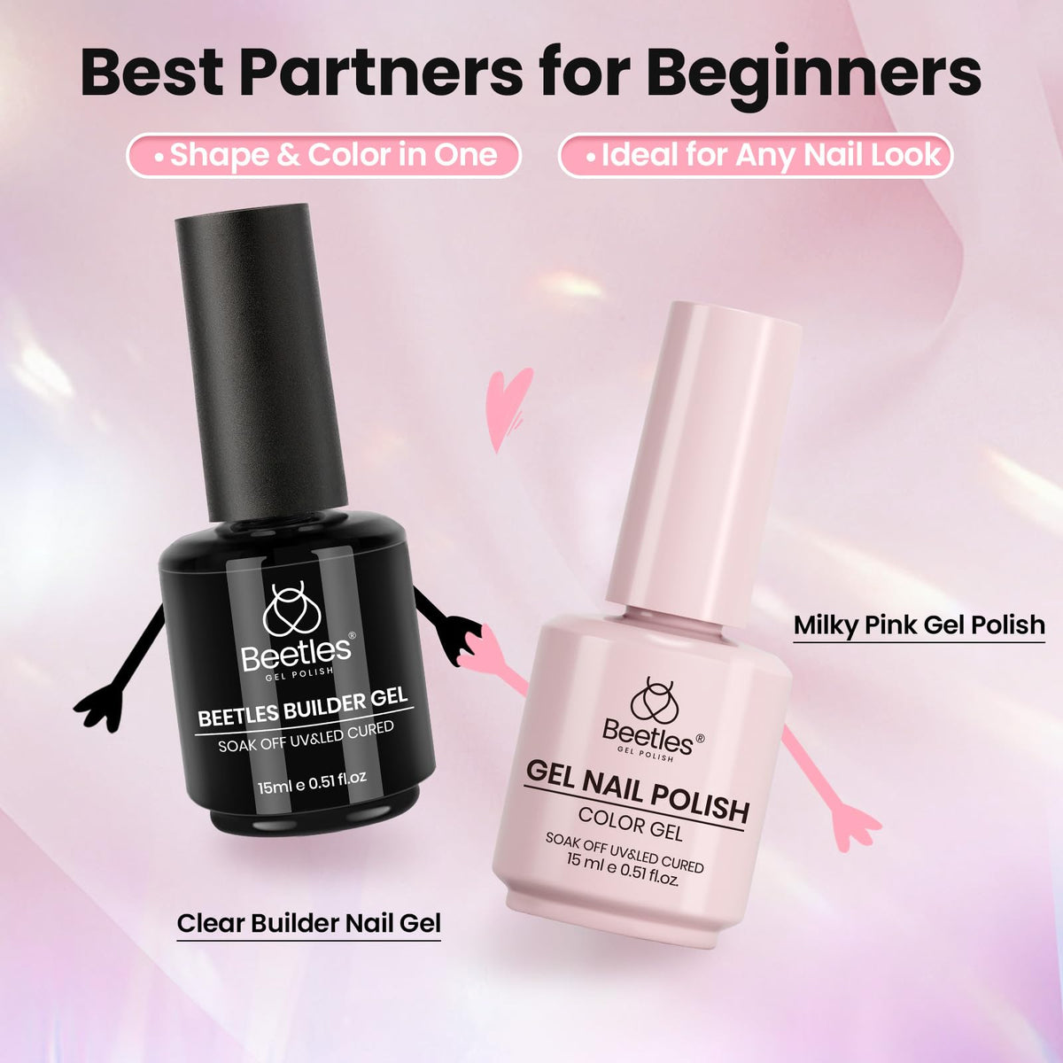 beetles Builder Gel Clear and Milky Pink Gel Polish with nail art brush