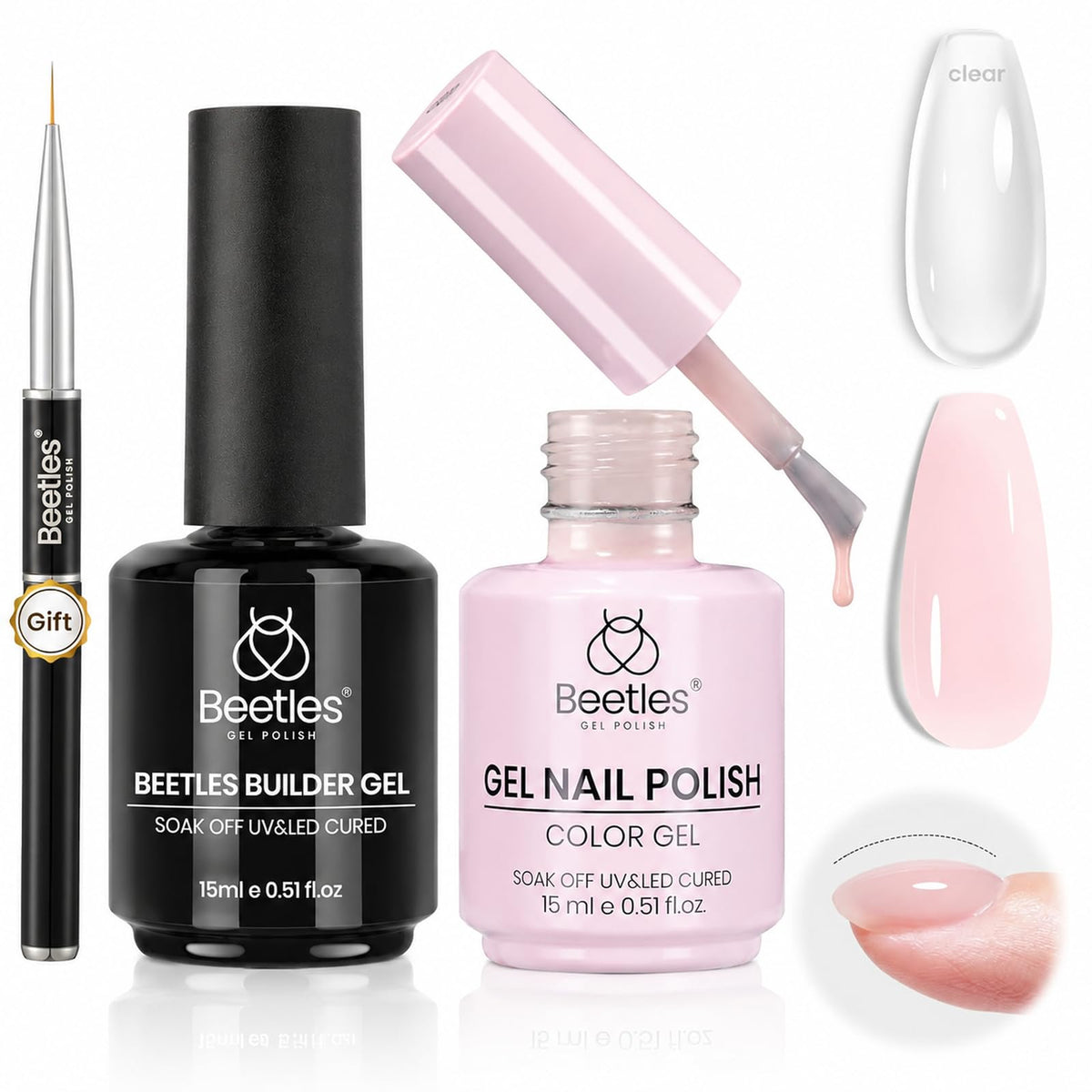 beetles Builder Gel Clear bottle and Milky Pink Gel Polish bottle front view