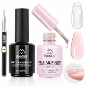 beetles Builder Gel Clear bottle and Milky Pink Gel Polish bottle front view