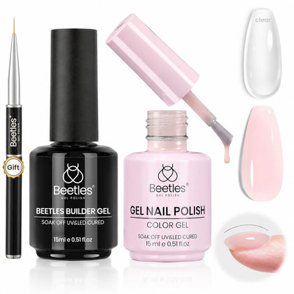 beetles Builder Gel Clear bottle and Milky Pink Gel Polish bottle front view