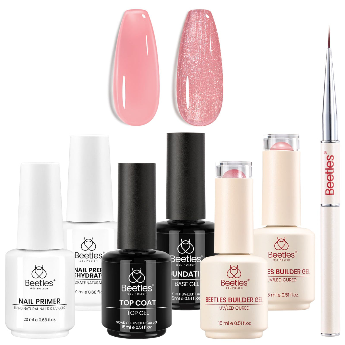 beetles Builder Gel Set with pink and glitter pink builder gel bottles