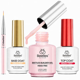 beetles Builder Nail Gel Set 4Pcs nude pink builder gel, base coat, top coat, and nail art brush