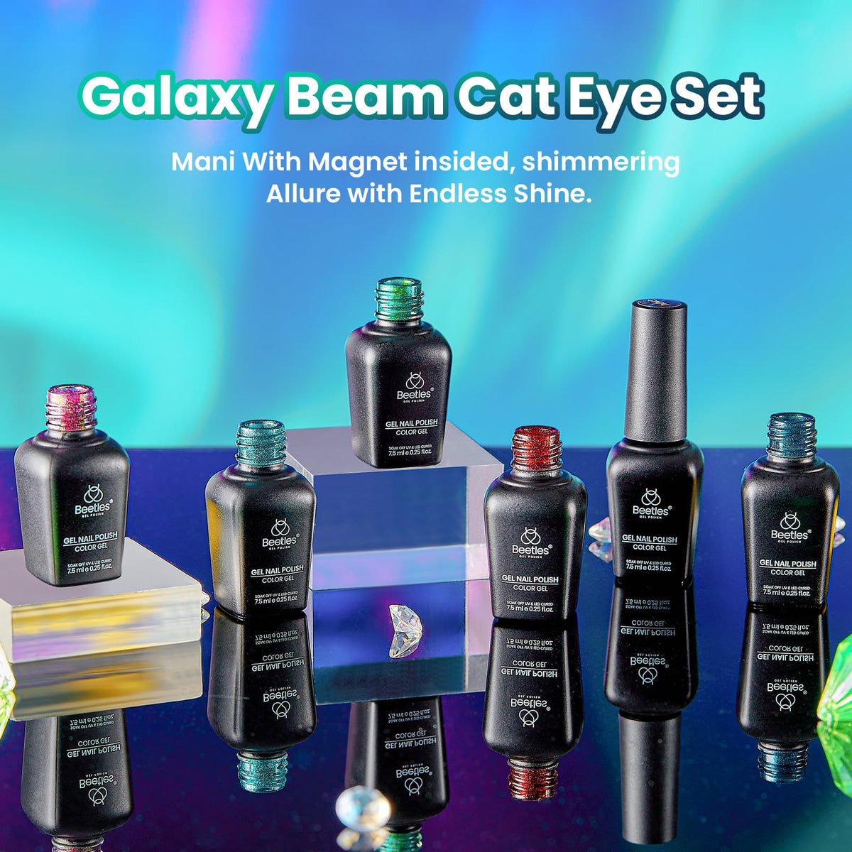 beetles Cat Eye Gel Nail Polish Set displayed with nail art tools