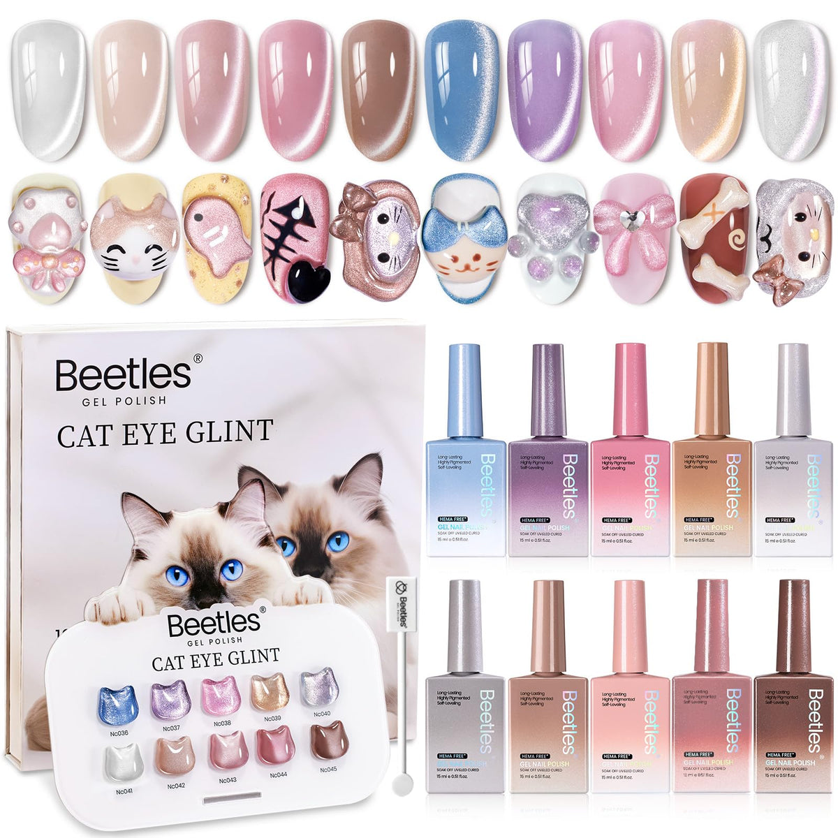 beetles Cat Eye Gel Nail Polish Set front view with 10 colours
