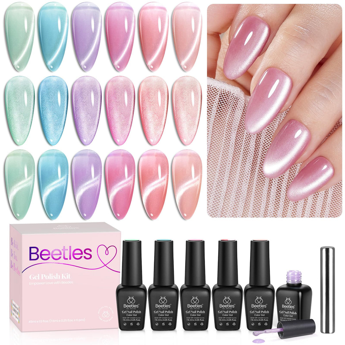 beetles Cat Eye Gel Nail Polish Set front view with six vibrant colours