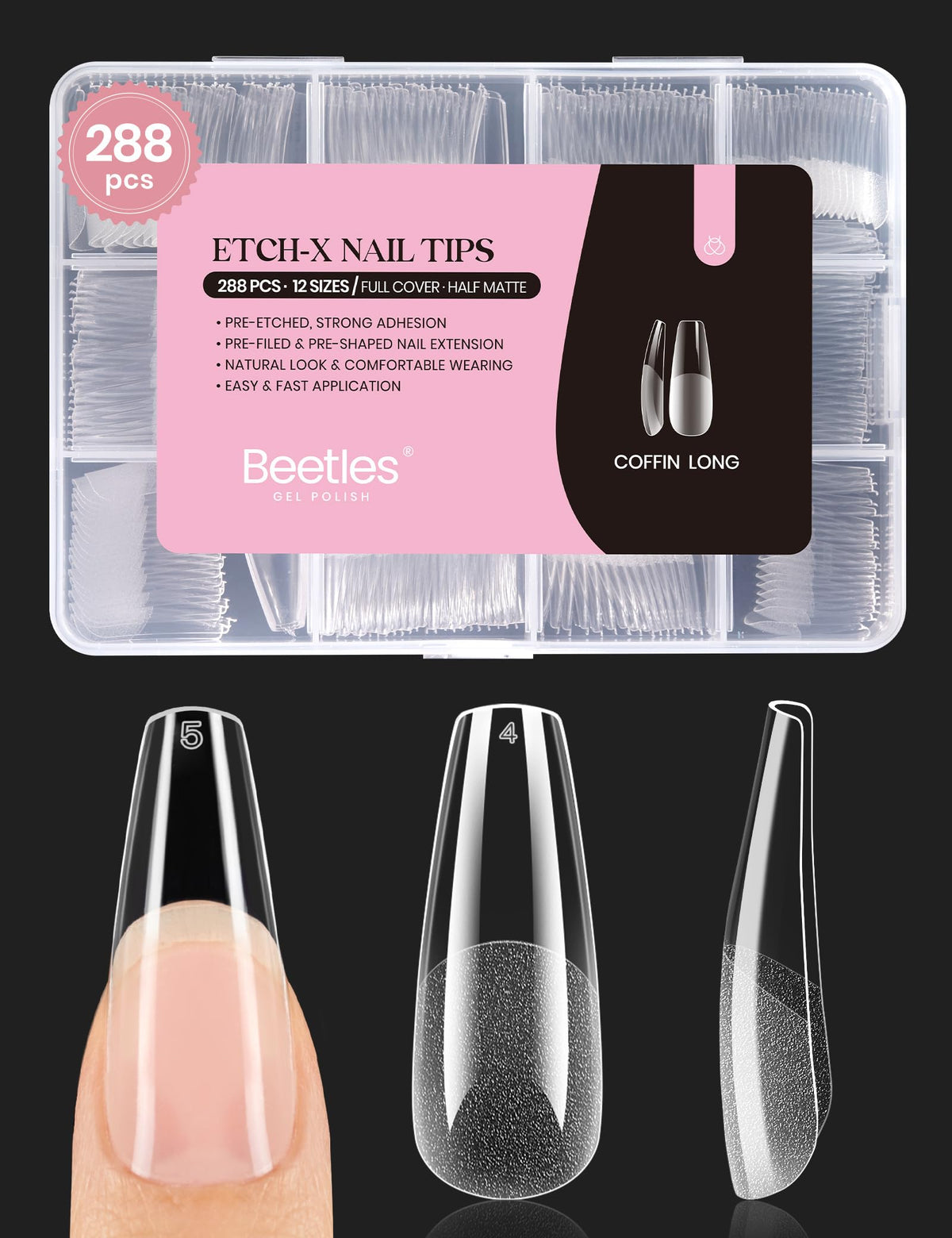 beetles Coffin Long Gel Nail Tips front view with pre-etched design