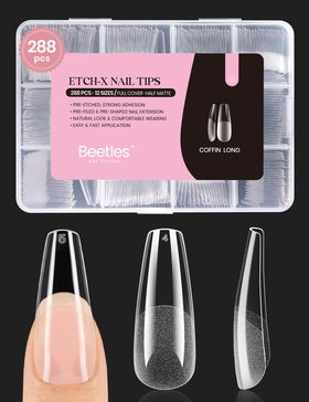 beetles Coffin Long Gel Nail Tips front view with pre-etched design