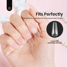 beetles Coffin Long Gel Nail Tips in a nail art setup