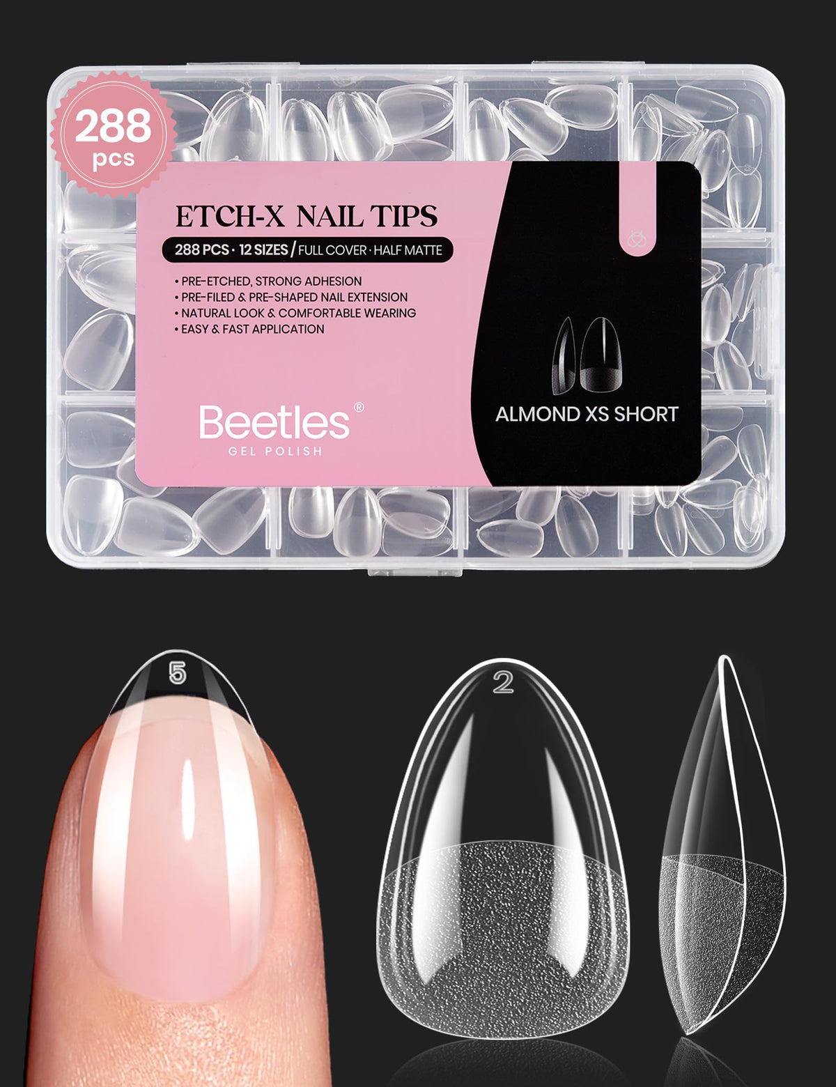 beetles Extra Short Almond Nail Tips 288 PCS front view