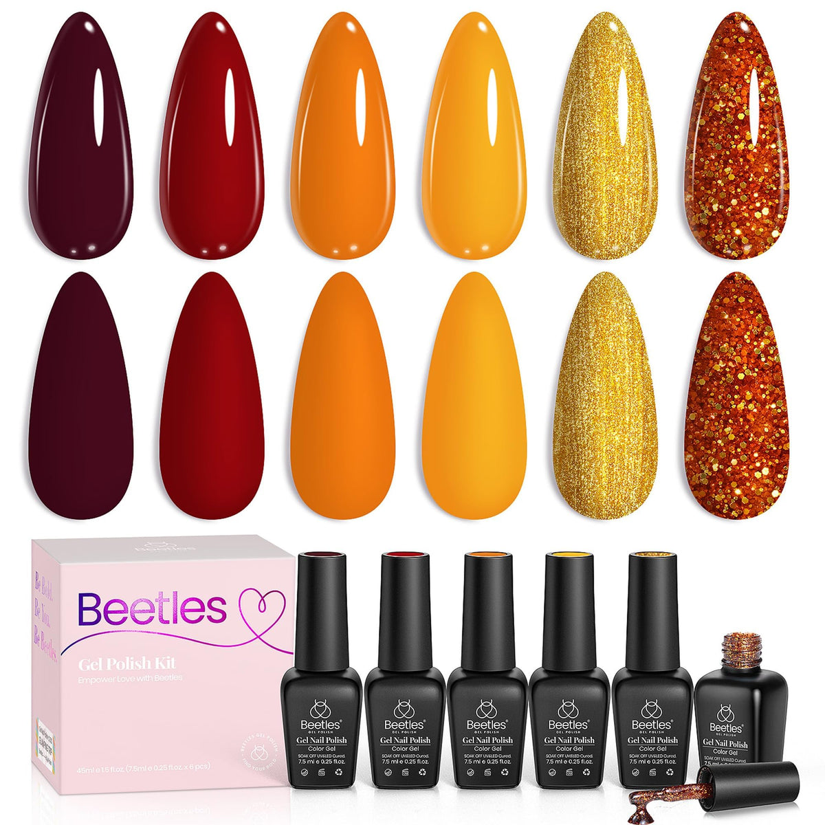Beetles Fall Gel Nail Polish Set with 6 colours including warm yellow and glitter